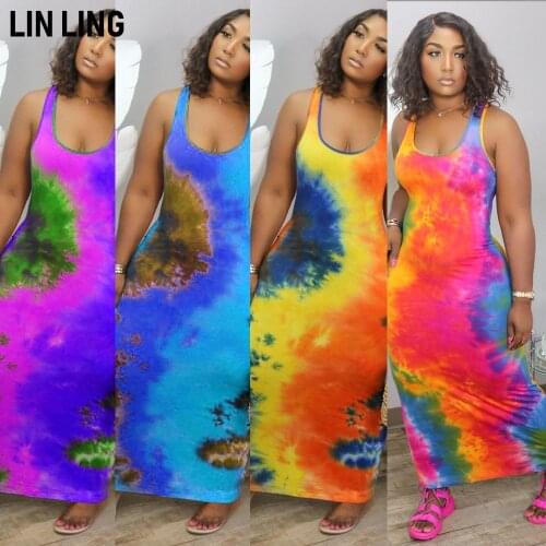 LINLING Womens Tie Dye Maxi Dresses Sleeveless Casual Sexy Vintage Floral Summer Boho Bodycon Long Dress Plus Size Sundresses