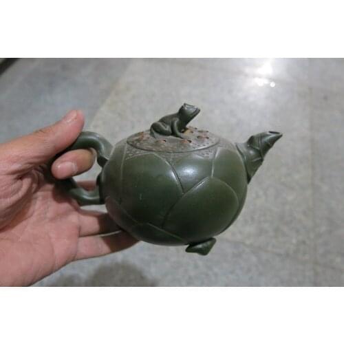Old Chinese Handcraft Enameled YiXing Zi Sha Clay (green stoneware) Teapot ,Frog & Lotus,no 468,with mark,Free shipping