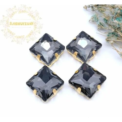 Classic style Gray Square Glass Crystal sew on rhinestones with gold claw Diy wedding dress accessories Free shipping