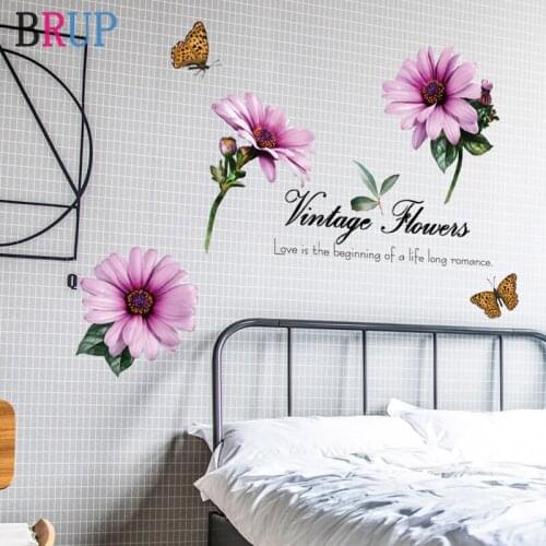 Fresh Flowers Osteospermum Wall Stickers Blue Chrysanthemum Home Decor for Bedroom Living Room Decoration Butterfly Wall Decals