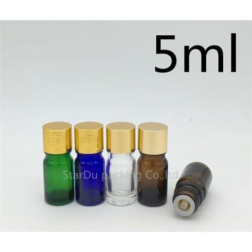 High-quality 100pcs/lot 5ML Glass Bottle Vials Essential Oil Bottle 5cc Perfume bottles gold Aluminum cap with plug