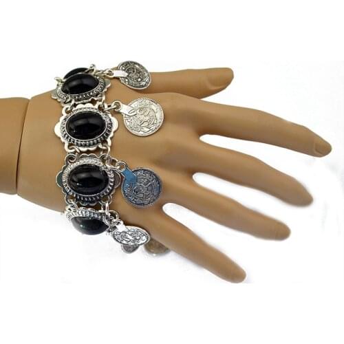Ethnic Boho Blue Black Stone Beades Bracelets & Bangles for Women Gypsy Coin Tassel Statement Indian Jewelry pulseira feminina