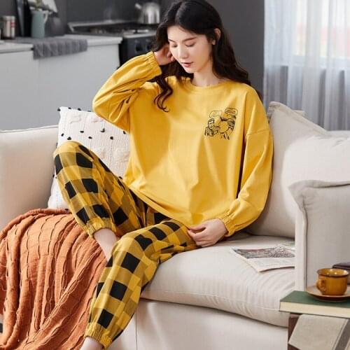 Women Cotton Pajamas Set Cute Cartoon Homewear Women Home Clothes Lounge Wear Autumn Long Sleeve Female Pajamas Cotton Sleepwear