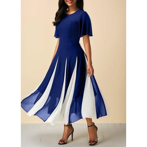 Women summer elegant dresses Vestidos Black and blue elegant chiffon patchwork round-neck dress dress