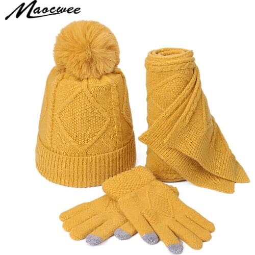 Womens Hat and scarf Gloves set three Pieces for Women Winter Kitted Wool hats for Girls Thick Warm Pom Hat scarf Glove Set