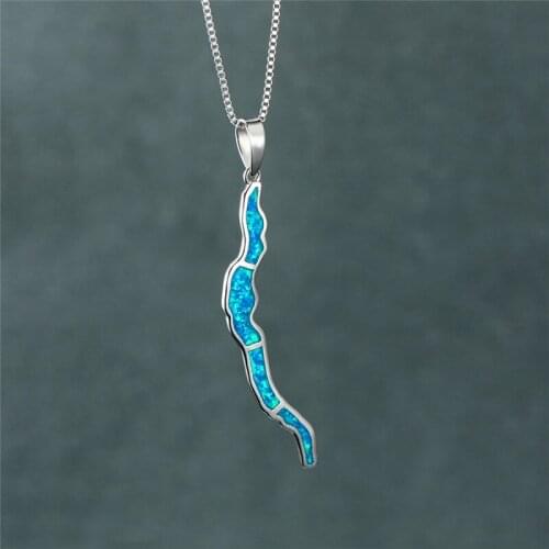 Cute Female Blue Opal Pendant Necklace Charm Silver Color Necklaces For Women Trendy Bridal Geometric Wedding Necklace