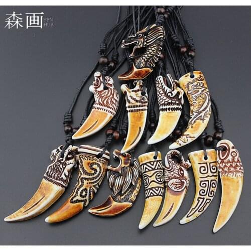 Mixed 12pcs Faux Yak Bone Carving Dragon Totem Tiger/Elephant/Wolf Teeth Pendant Necklace Animal Tooth Amulet Gift MN598