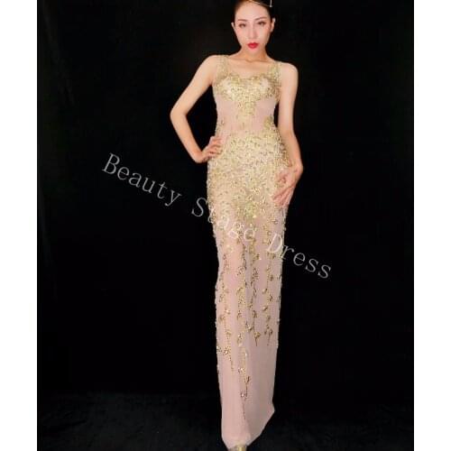Shining Gold Rhinestones Mesh Long Dress Womens Party Dance Stretch Outfit Long Dress Birthday Celebrate See Through Dresses