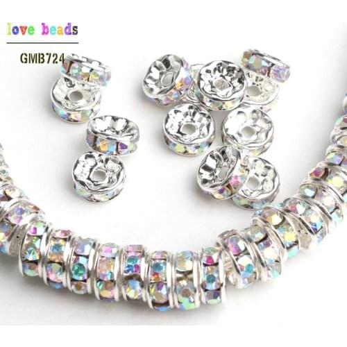 6/8mm Metal Silver Color AB Rainbow Crystal Rhinestone Rondelle Loose Beads DIY Jewelry Making Accessories 100/200/300pcs/lot