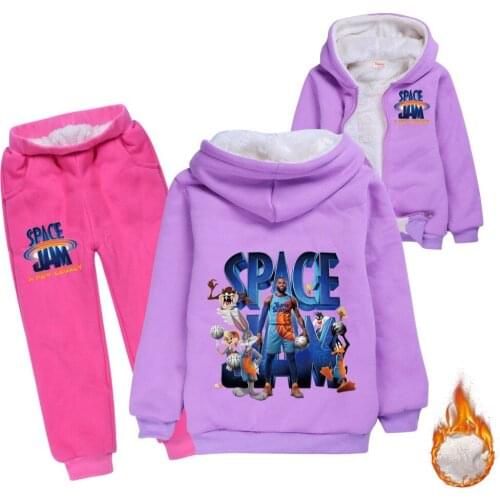 Childs Baby Boys Clothes Cotton Warm Suit Girls Cartoon SPACE JAM Plus Velvet Thick Hooded Sweater Baby Casual Sports Suits