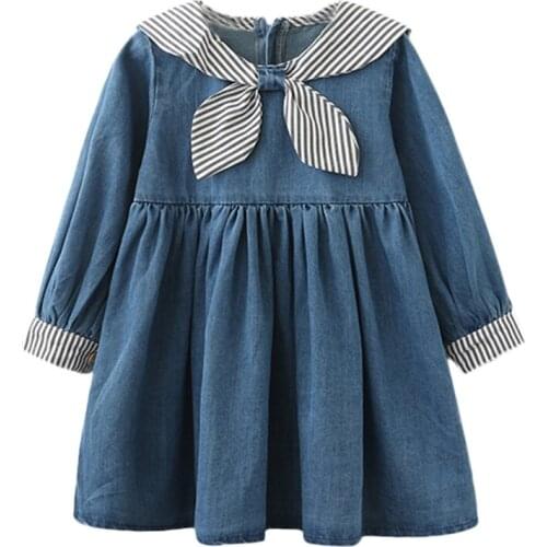 Baby Girls Denim Patchwork Dress Striped Toddler Kids Long Sleeve Casual Sailor Collar Dresses Child Autumn Clothes 18M-6T A20