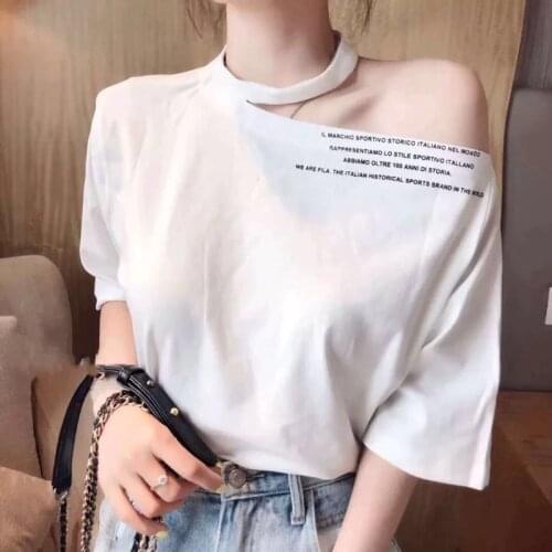 Womens Halter Short Sleeve T-Shirt Summer Korean Fashion Sexy Strapless Tops Tees Large Size Letter Tee White WA266