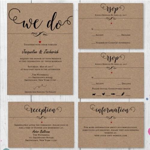 Customized RSVP Cards with Return Envelopes, Reception Cards, Menu Cards, Thank You Cards -- Set of 50
