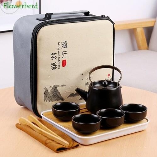 Ceramic Porcelain Kung Fu Tea Set Teaware Tea Pot and Cup Set Outdoor Car Portable Travel Tea Set One Pot Four Cups Bag