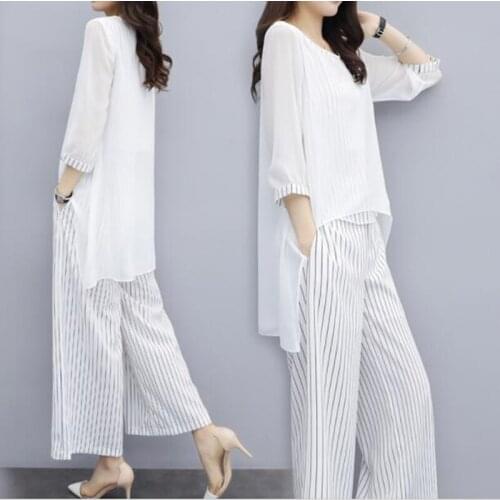 S-3xl Summer Chiffon 2 Two Piece Sets Outfits Women Plus Size Asymmetrical Blouses And Wide Leg Pants Suits Elegant Korean Sets