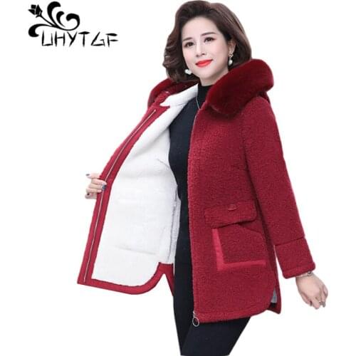 UHYTGF Elegant Mother 5XL Plus Size Jacket Quality Sheep Shearing Winter Woolen Coat Women New Hooded Casual Warm Outerwear 1252