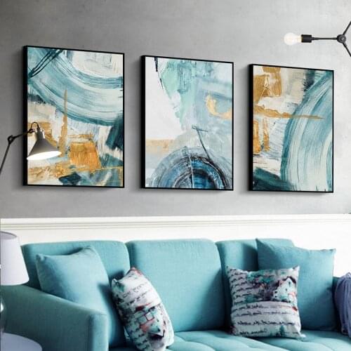 Canvas Painting Print Nordic Minimalist Wall Art Picture Home Decor Blue Gold White Paint Arc Lines Splash Abstract Poster