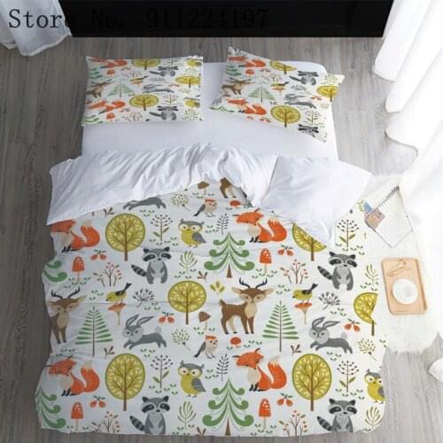 Cartoon Animal World Duvet Cover Microfiber Bedding Set Fox Owl Deer Quilt Cover Single Double 229*229/259*229CM For Kids Gifts
