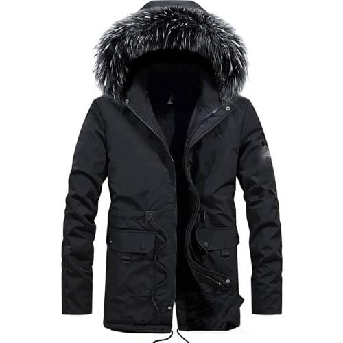 Mens Winter Parka Polyester Hooded Overcoat with Detachable Hood Thick Mid-Length Coat Windproof Outer Garment XIN-Ship