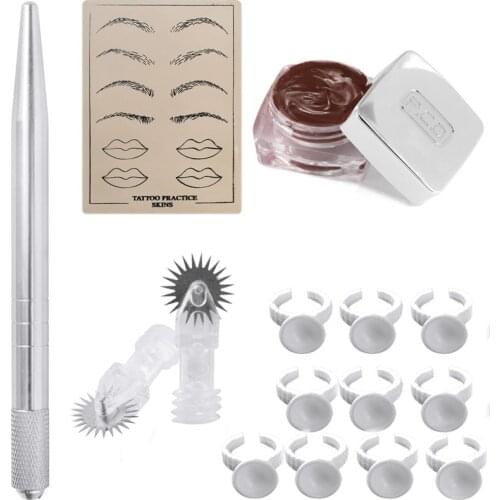 Permanent Makeup Kit Manual Pen Microblading Needles Practice Skin Ink Ring Cups Fog Eyebrow Lip Embroidery Beauty Machine Set