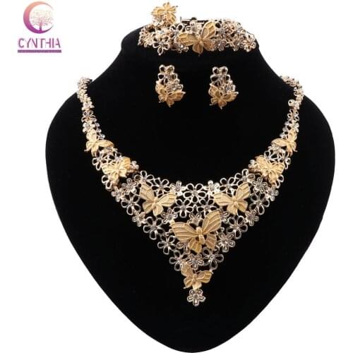 CYNTHIA Dubai Fashion Jewelry Sets Necklace Bracelet Butterfly Shape Pendant Earrings Ring Crystal Dubai Bridal Wedding Jewelry