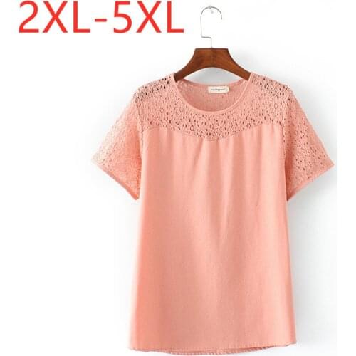 New 2021 Ladies Summer Plus Size Tops For Women Large Blouse Short Sleeve Casual Cotton Linen Lace Pink Shirt 2XL 3XL 4XL 5XL