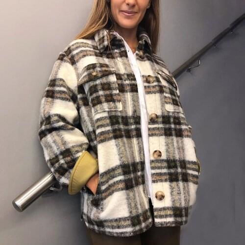 Autumn Winter Vintage Contrast Colors Cashmere Coat Women Fashion Buttons Pockets Turn-down Shirt Jackets