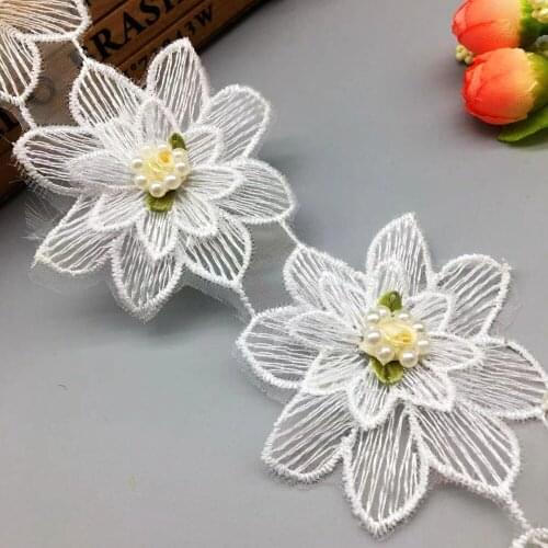 12 x Yellow Rose Pearl Flowers Embroidered Lace Trim Ribbon Applique Fabric Handmade DIY Wedding Clothes Sewing Craft Decoration