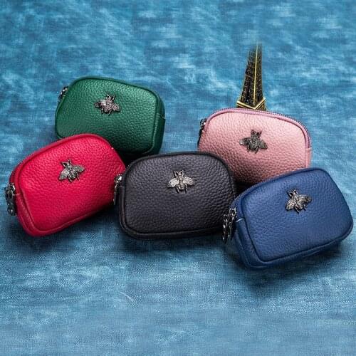 Womens Mini Purse Genuine Leather Cute Womens Coin Bag Double Zipper New Style Bee Purse Small Coin Pocket