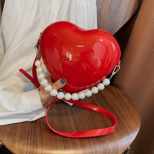 Female Fashion Pink White Red Heart Shouldbags Fine Imitation Pearl Tote Bag 2020 Patent Leather Womens Handbag Crossbody Bag
