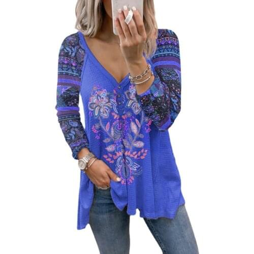 Women Autumn and Winter Loose Long Sleeve V-neck Printed Shirts Fashion Casual Pullover Ladies Tops Plus Size