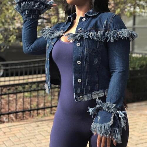 Women Vintage Button Down Distressed Short Denim Jean Jacket Coat With Pocket Fashion Daily High Quality Jacket Джинсовые Куртки