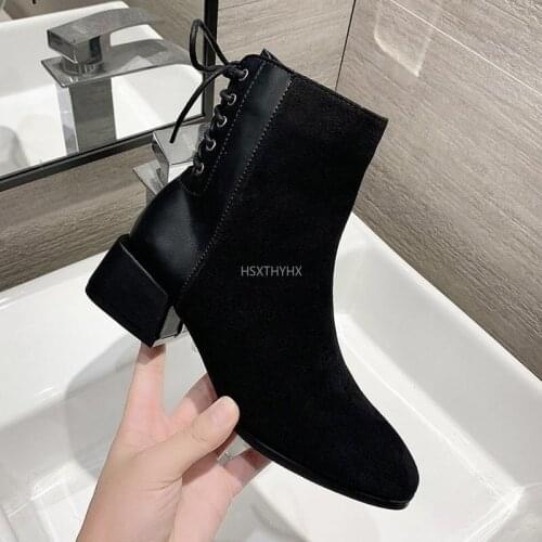 Flock Black Women Ankle lace-up Boots New Fashion Women Shoes Casual Ladies Round Toe Platform Boots Botas Mujer Spring Autumn