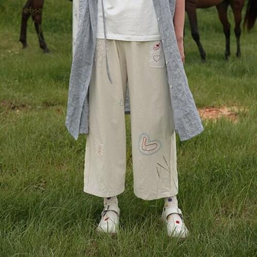 Summer Autumn Heart-shaped Patch Plaid Rabbit Embroidery Women Cotton Straight Pants Capris High Waist Elastic Waist