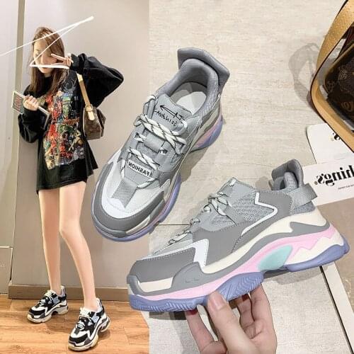 Women Platform Sneakers Spring Chunky Shoes Ladies Breathable Mesh Thick Bottom Sneakers Round Head Lace Up Fashion Womens Shoe