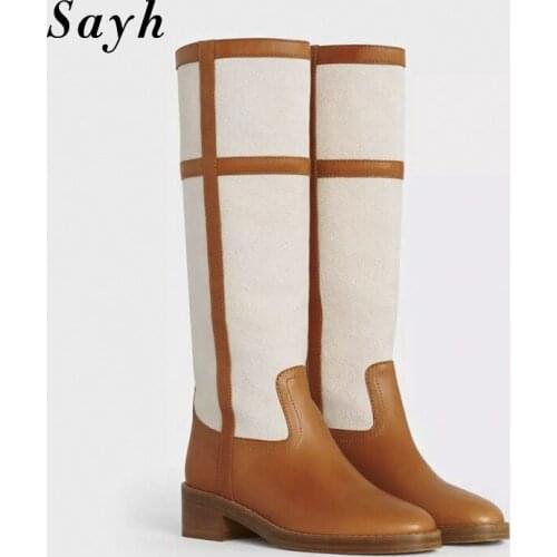 Woman Knee High Boots Round Toe Riding Boots Chunky Heels Patchwork Boots Shoes Casual shoes