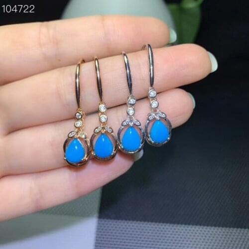 Fashion blue turquoise gemstone dangling earring with hook for women jewelry real 925 silver gold plated girlfriend gift