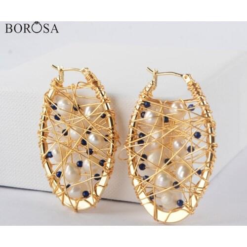 BOROSA Pearl Earrings Handmade Wire Wrapped Gold Earrings Baroque Pearl Hoop Earrings Drop Earrings for Women Jewelry WX1314