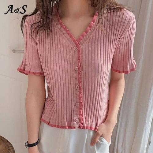 Anbenser Women Shestyle Stretchy Ruffle Sleeve Crop Top Sweater Summer Button Green Blue Tight Rib-knitted Plain Sexy T-shirt