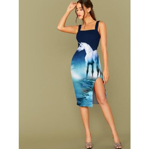 3D Dress Unicorn Dress Women Moon Sundress Animal Side Slit Dresses Harajuku Halter Sleeveless Womens Clothing Party Vintage