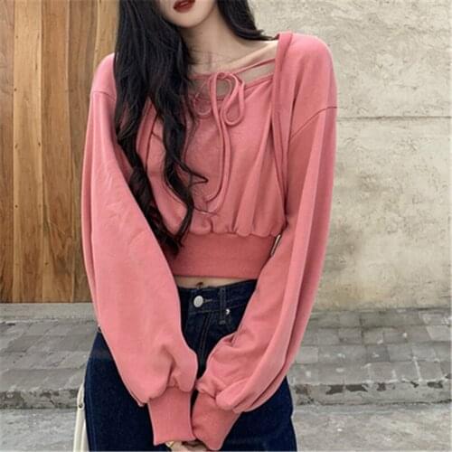 Women Bow Lace Up Sweatshirt Autumn Fashion Fake Two Pieces Short Pullovers Female Fashion Black Sweaters Tops 2020