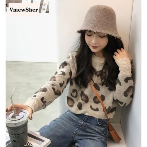 VmewSher New Leopard Print WomenSweater Autumn Pullovers O-Neck High Waist Short Loose Casual Long Sleeve Fashion Knitting Tops