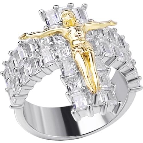 OTIY S925 Religious Belief Jesus Cross Ring Gold And Iced out Mens Index Finger Ring Creative Retro Jewelry baguette cz rings