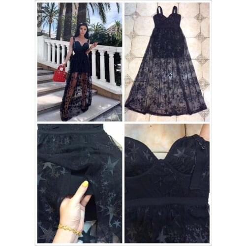 New Sexy Black Mesh Ruffles Hollow Out Fashion Womens Dress Sapghetti Dress Backless Zipper Long Maxi Celebrity Party