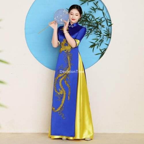 2021 woman aodai vietnam traditional clothing vietnam dress flower embroidery aodai dress improved cheongsam ethnic style dress