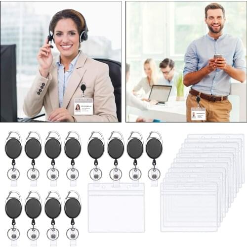 12 PCS Black Retractable Badge Reel w/ Belt Clip Key Ring ID Card Holder Photo Name Tag Holders for School Students Worker
