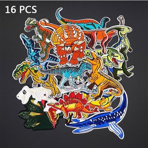 16Pcs/Lot Cartoon dinosaur embroidery Iron-on patch Military Badge Patches Applique On Clothes DIY dragon Anime Badges patch