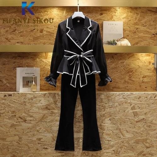 2020 Spring Women Plus size Two piece set Fashion Casual Long sleeve Shirt Coat And Flare Pants Jeans Elegant 2 piece set women