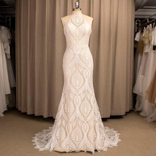 2021 Halter Floral Lace Wedding Dress Plus Size Backless Mermaid Long Beach Bridal Gown Sleeveless Real Photos Custom Made #9271