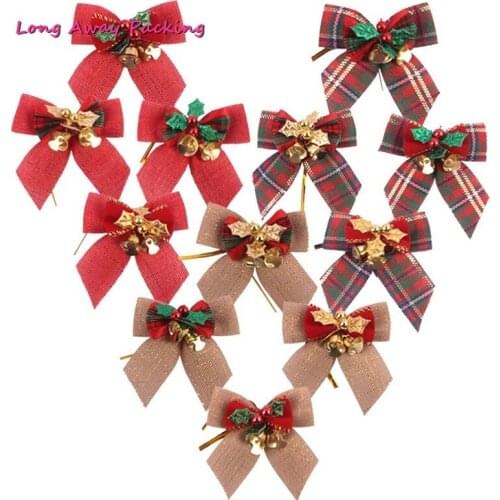 6pcs Grid Christmas Mini Cute Bow Tree Hanging Decoration Xmas Bow Bowknot Ornament